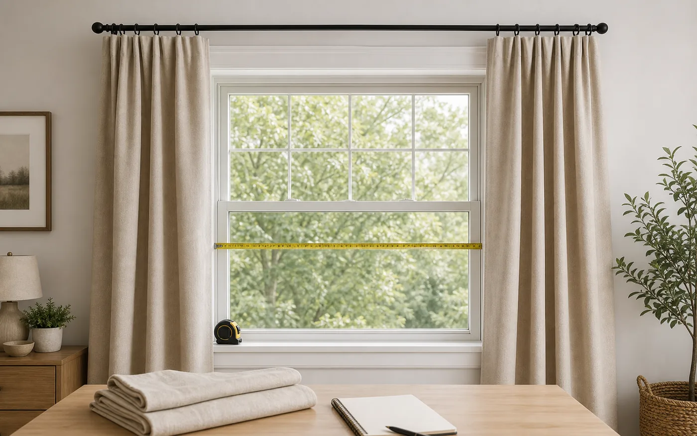 A window with neutral curtain panels, a curtain rod, folded fabric, and a tape measure for curtain planning.