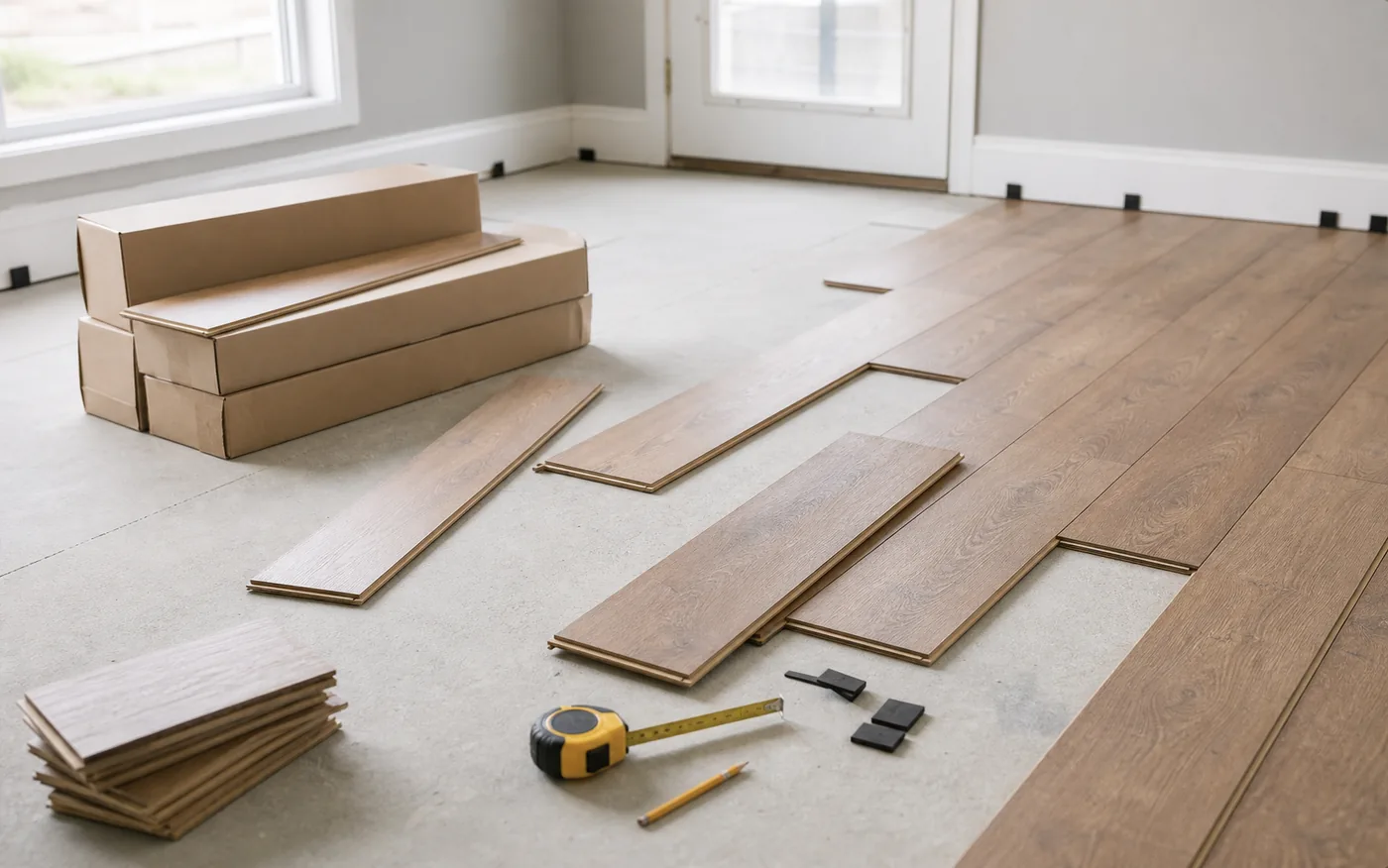 A room flooring project with wood planks, plain boxes, a tape measure, and installation tools arranged on the floor.
