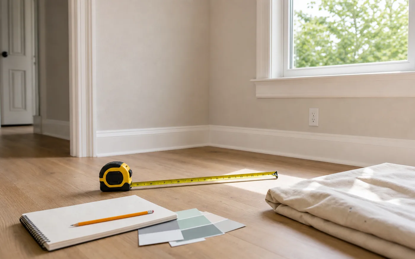 A bright room corner with a tape measure, blank notes, a pencil, paint swatches, and a folded drop cloth for home project planning.