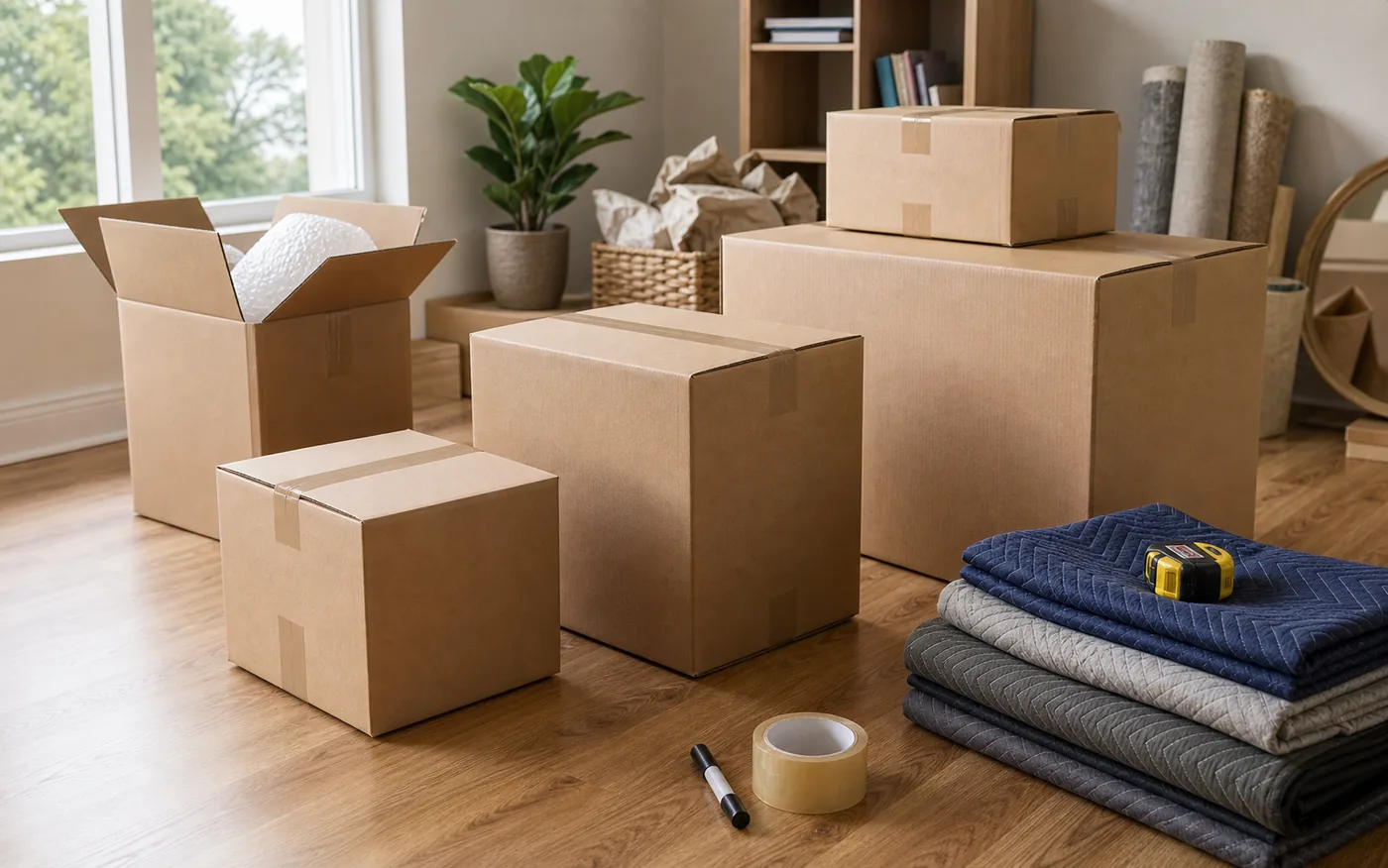 Plain moving boxes, packing tape, blankets, and a tape measure arranged in a clean room.