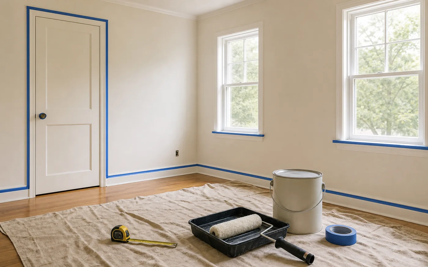 A clean interior room prepared for painting with taped trim, windows, a drop cloth, a paint can, a roller tray, and a measuring tape.