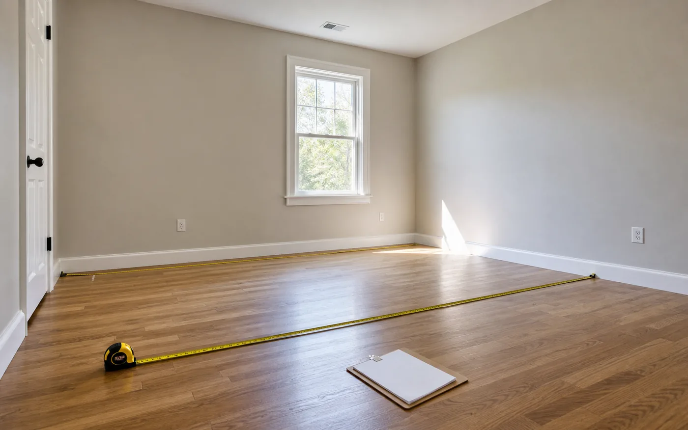 An empty rectangular room with a tape measure stretched across the wood floor and blank notes for measuring.