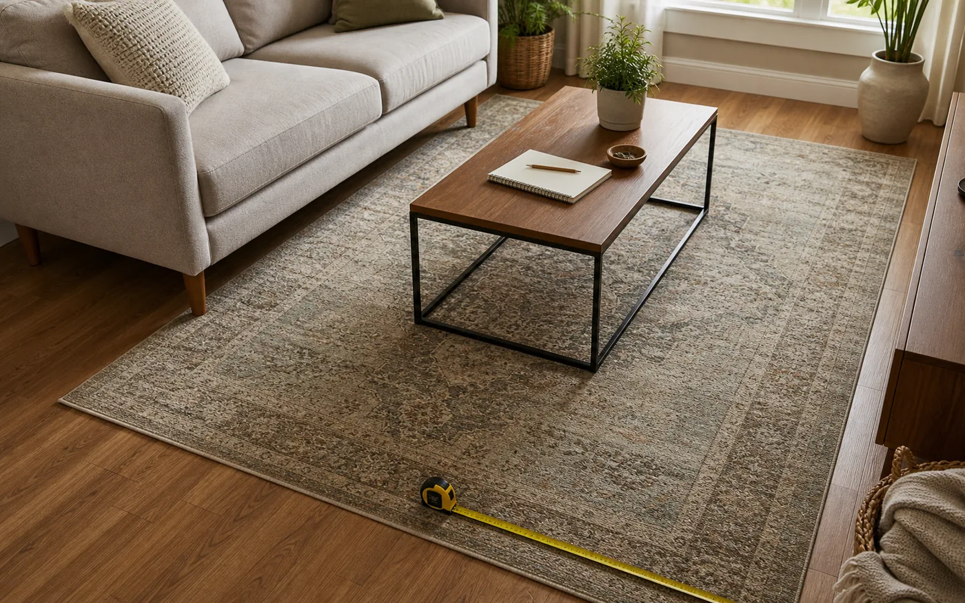 A living room area rug under furniture with a tape measure along the rug edge.