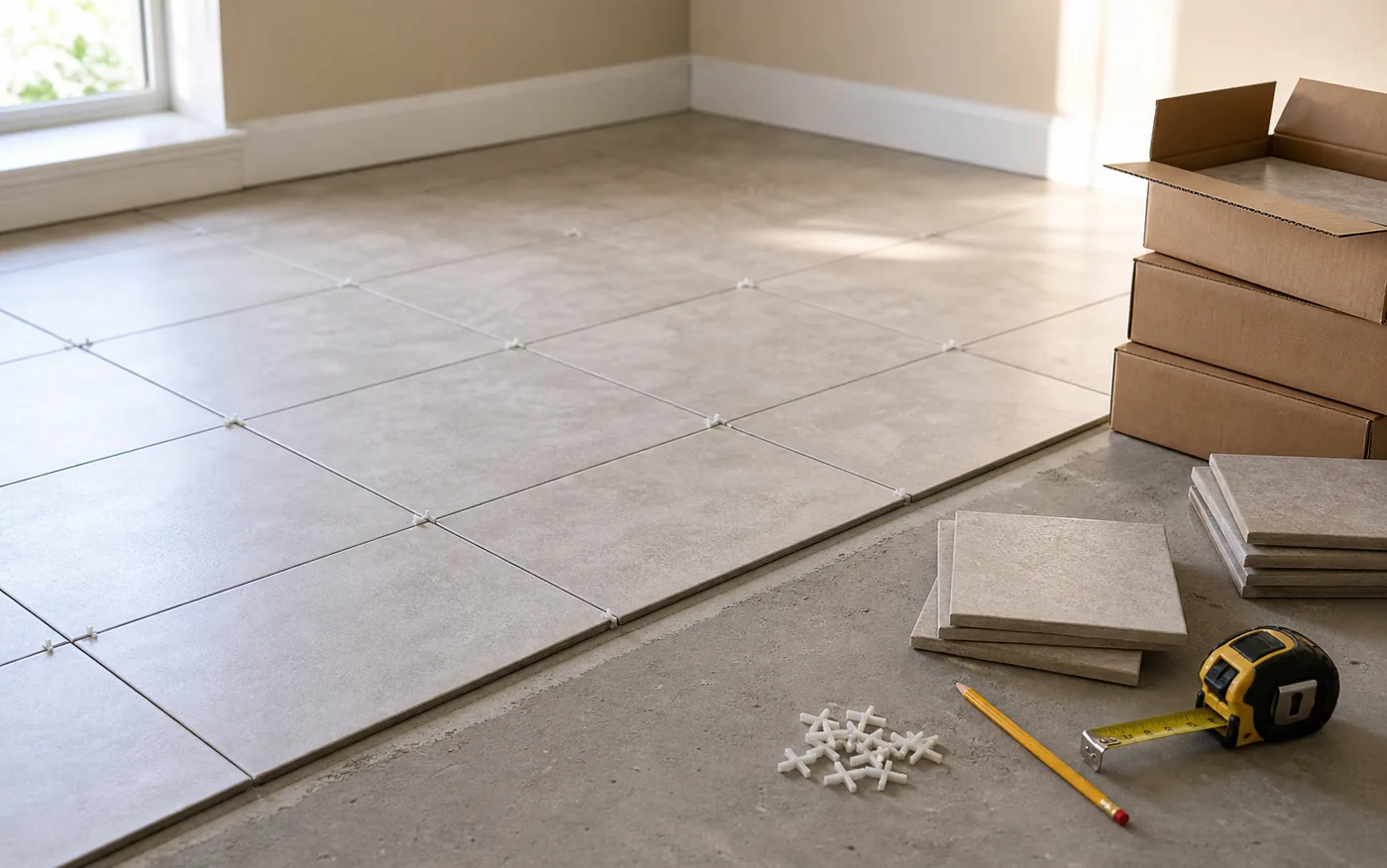 A tile planning project with floor tiles, tile spacers, a tape measure, and plain boxes arranged in a bright room.