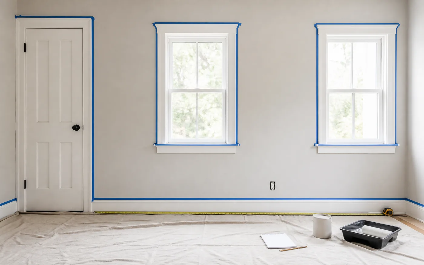 An interior wall with a door, windows, painter's tape, a drop cloth, and measuring tools prepared for wall area planning.