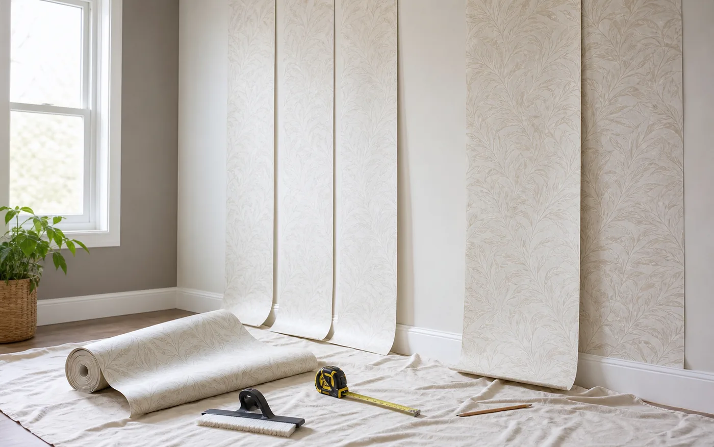 Wallpaper rolls, vertical wallpaper strips, a smoothing tool, and a tape measure prepared near an interior wall.